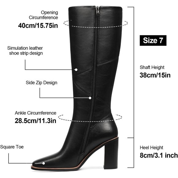 Women’s Polyurethane Black Waterproof Square Toe Chunky Block Heel Leather Boot - Picture 3 of 9